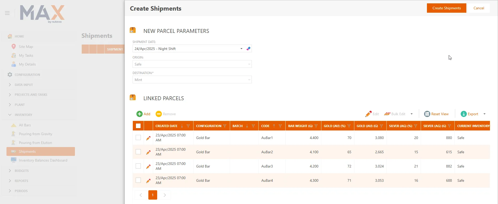 MAX gold bar shipments list with bar numbers, weights and assays